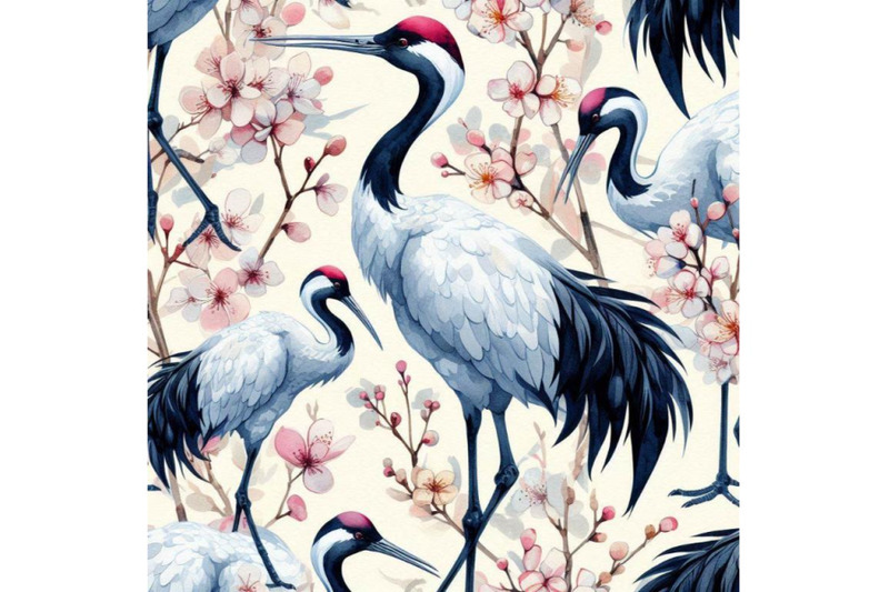 watercolor-japanese-crane-bird-seamless-pattern