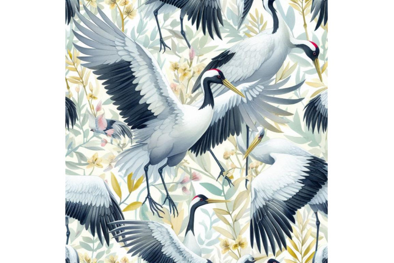 watercolor-japanese-crane-bird-seamless-pattern