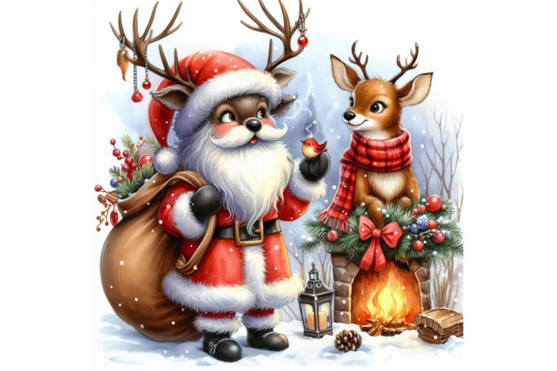 funny-deer-santa-claus-watercolor-illustratio