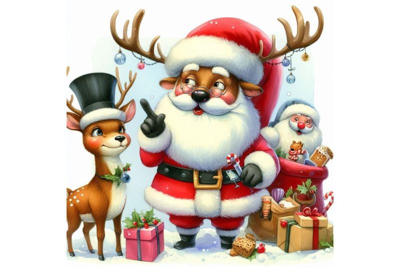 funny-deer-santa-claus-watercolor-illustratio