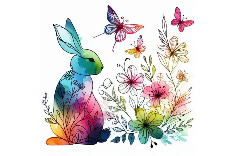 watercolor-bunny-flowers-and-butterflies