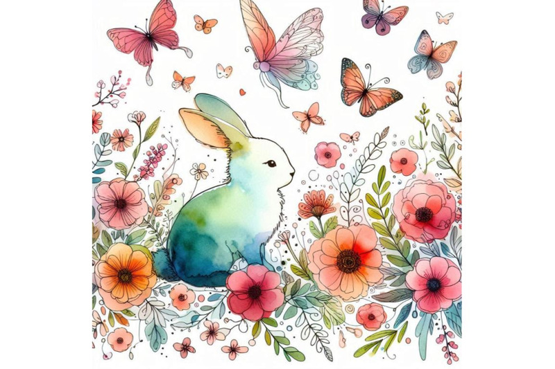 watercolor-bunny-flowers-and-butterflies