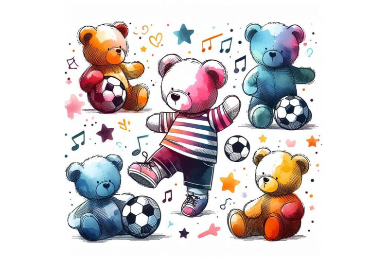 cute-teddy-bear-play-in-football-watercolor-pattern