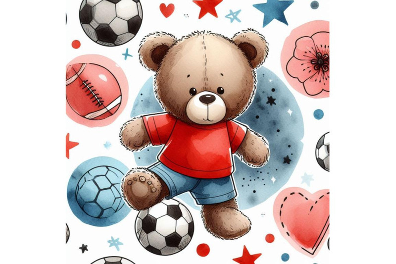 cute-teddy-bear-play-in-football-watercolor-pattern