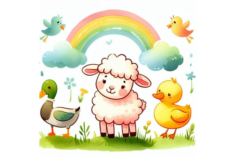 cute-watercolor-cartoon-sheep-and-duck-farm-ani