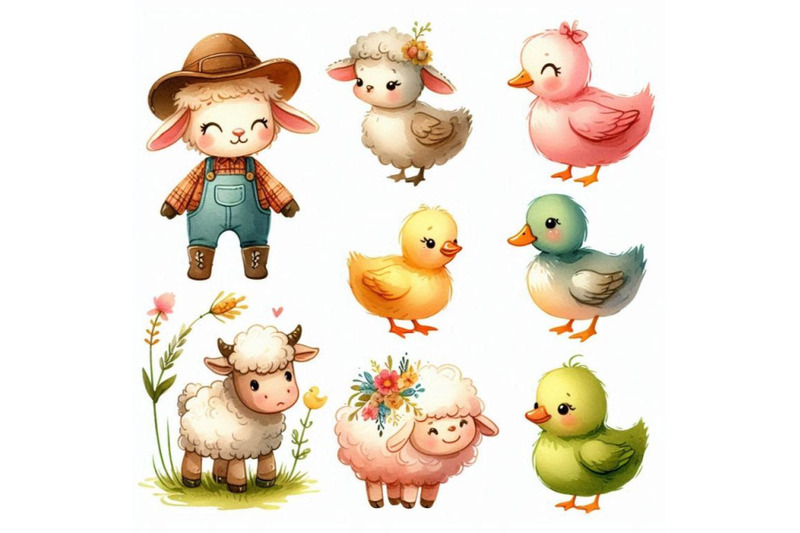 cute-watercolor-cartoon-sheep-and-duck-farm-ani