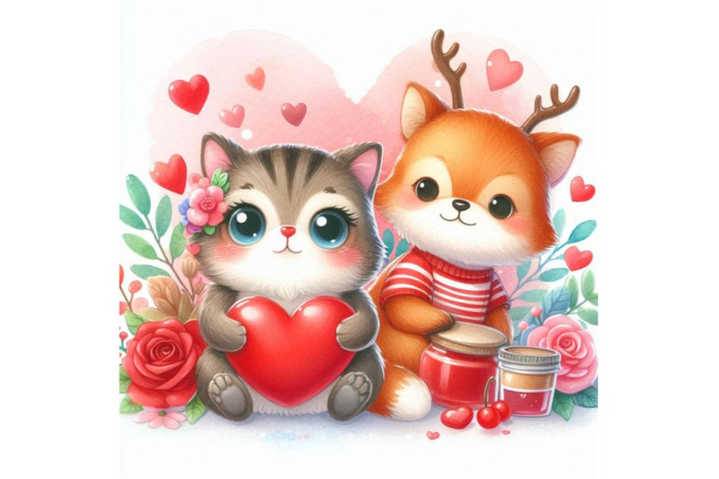 cute-animal-and-valentine-red-heart-watercolo