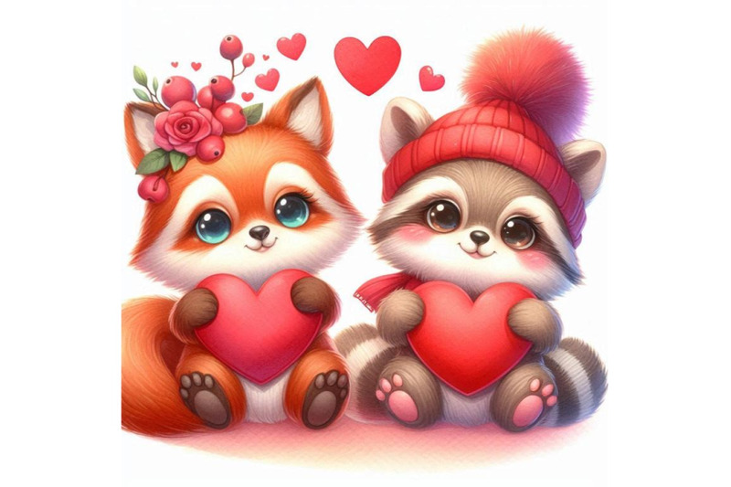 cute-animal-and-valentine-red-heart-watercolo