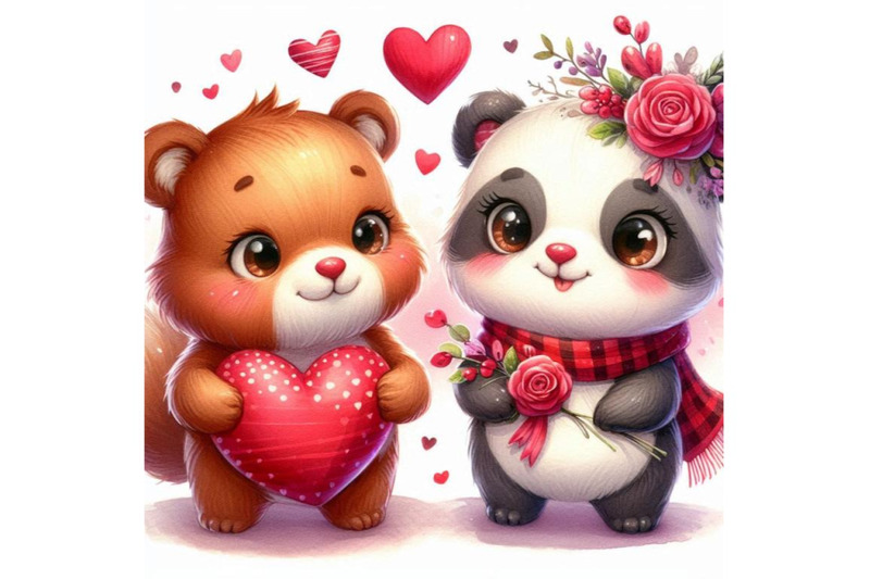 cute-animal-and-valentine-red-heart-watercolo