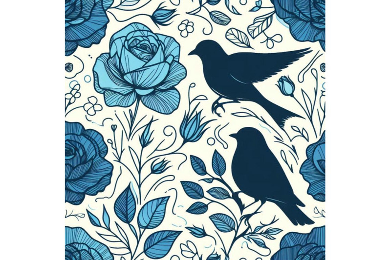 blue-rose-and-bird-seamless-pattern