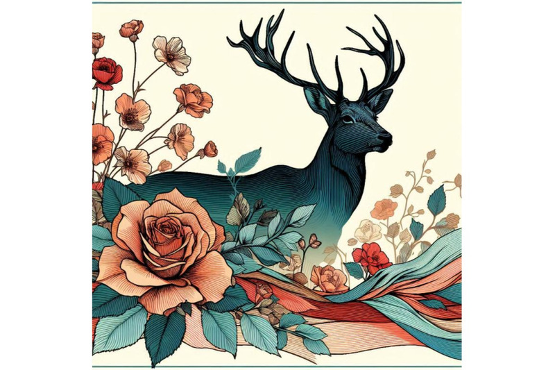 silk-scarf-with-floral-and-wild-animal-deer-illustratio