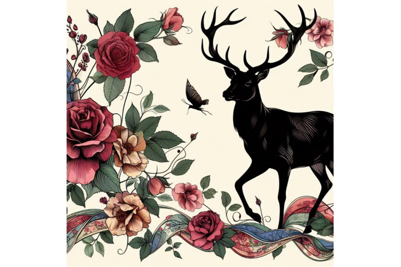 silk-scarf-with-floral-and-wild-animal-deer-illustratio