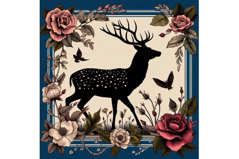 silk-scarf-with-floral-and-wild-animal-deer-illustratio