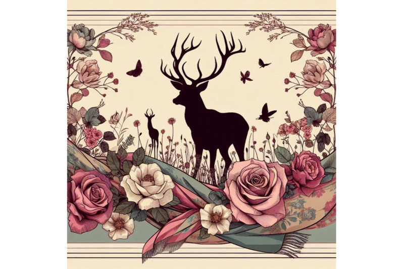 silk-scarf-with-floral-and-wild-animal-deer-illustratio