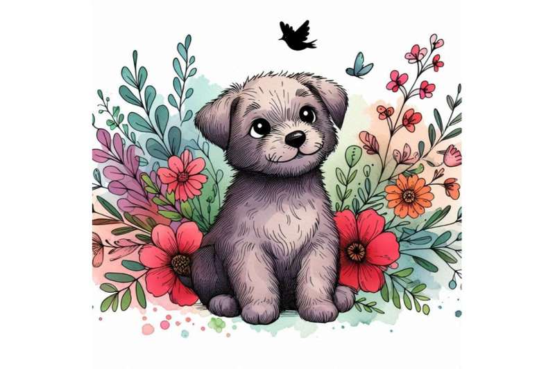 funny-puppy-dogand-flowers-watercolor-ollustratio