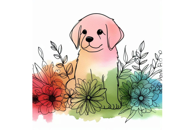 funny-puppy-dogand-flowers-watercolor-ollustratio