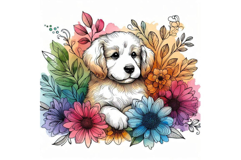 funny-puppy-dogand-flowers-watercolor-ollustratio