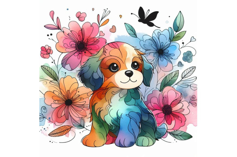 funny-puppy-dogand-flowers-watercolor-ollustratio