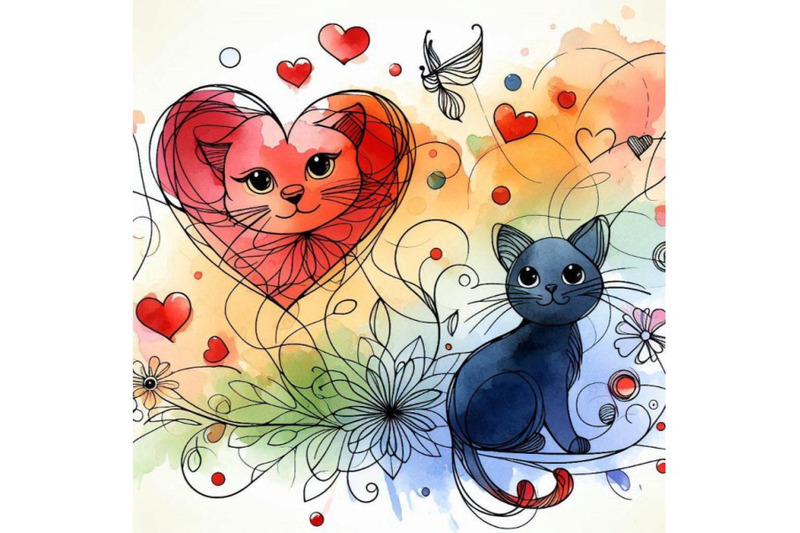 valentine-dayand-cute-cat-and-red-heart-watercolo