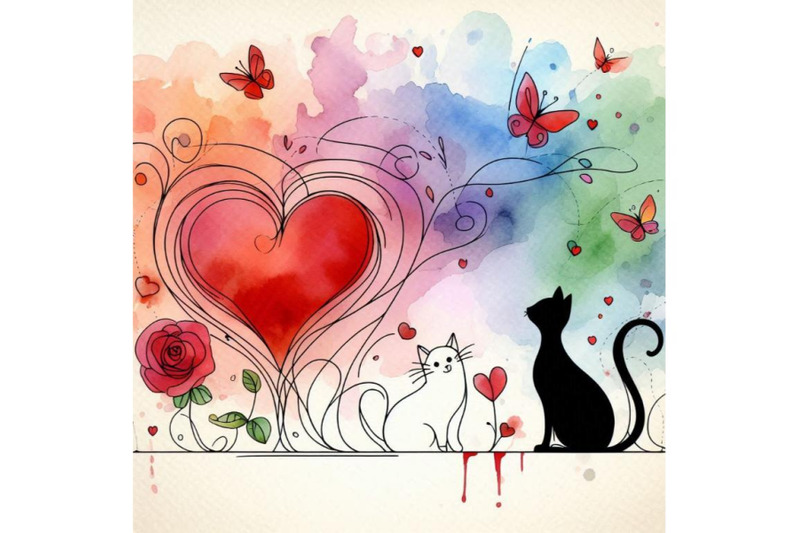 valentine-dayand-cute-cat-and-red-heart-watercolo