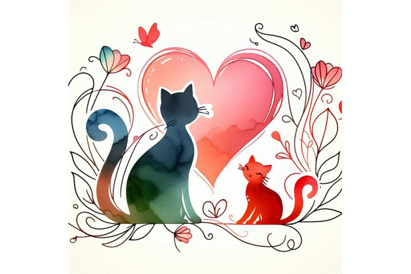 valentine-dayand-cute-cat-and-red-heart-watercolo