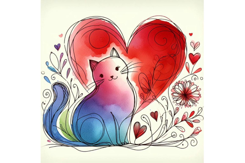 valentine-dayand-cute-cat-and-red-heart-watercolo