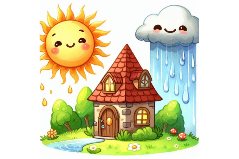 cartoon-sun-and-rain-watercolor-illustration