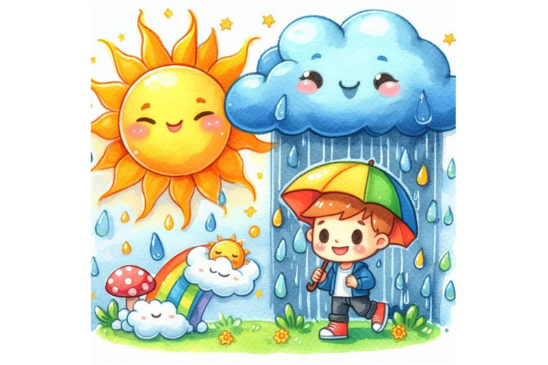 cartoon-sun-and-rain-watercolor-illustration