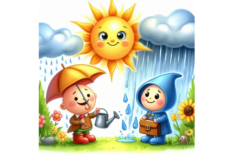 cartoon-sun-and-rain-watercolor-illustration