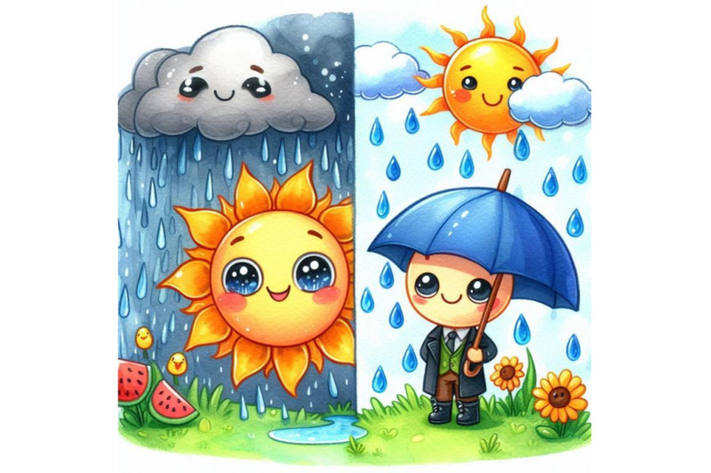 cartoon-sun-and-rain-watercolor-illustration