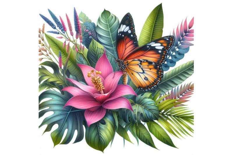 butterfly-tropical-leaves-and-exotic-flower