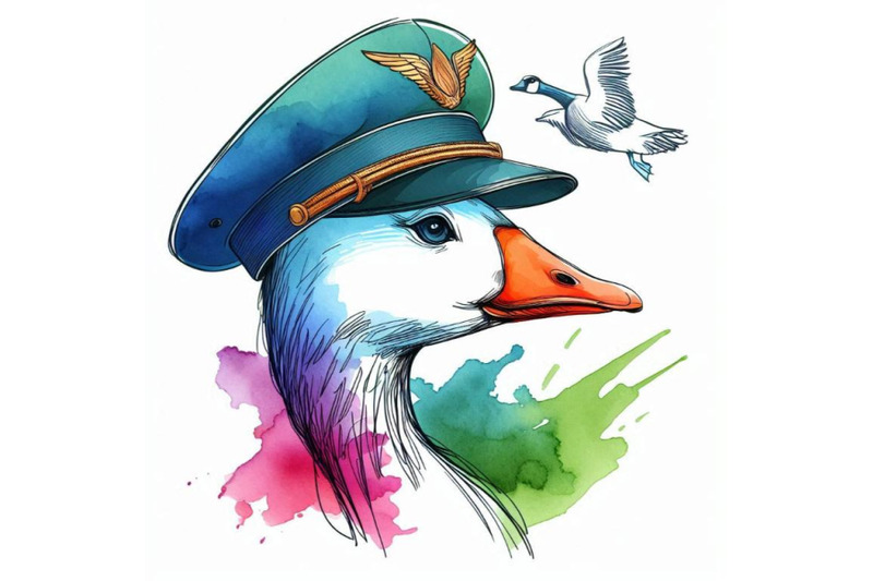 funny-goose-aviator-hat-watercolor-fashion-print