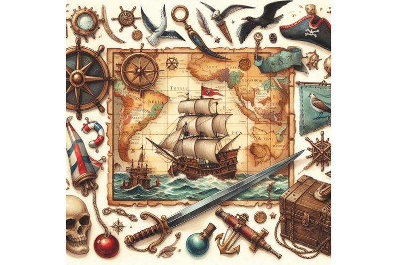 pirate-map-nautical-design-elements-watercolor-retro-ma