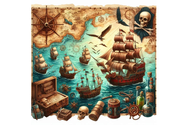 pirate-map-nautical-design-elements-watercolor-retro-ma