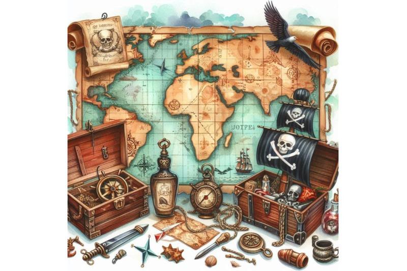 pirate-map-nautical-design-elements-watercolor-retro-ma