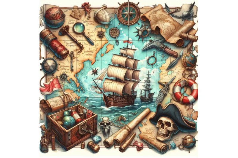 pirate-map-nautical-design-elements-watercolor-retro-ma