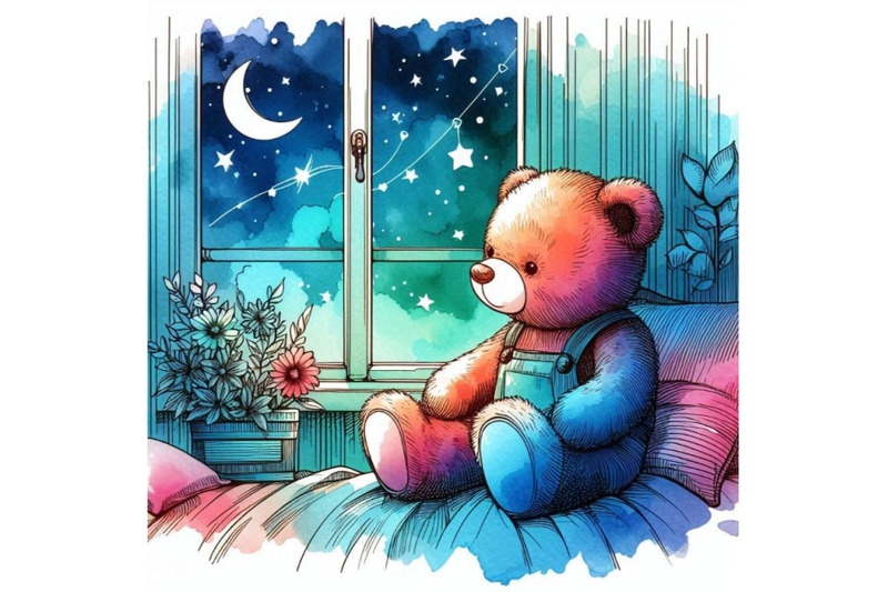 teddy-bear-on-the-window-watercolor-illustration