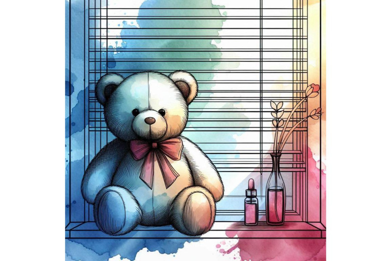 teddy-bear-on-the-window-watercolor-illustration