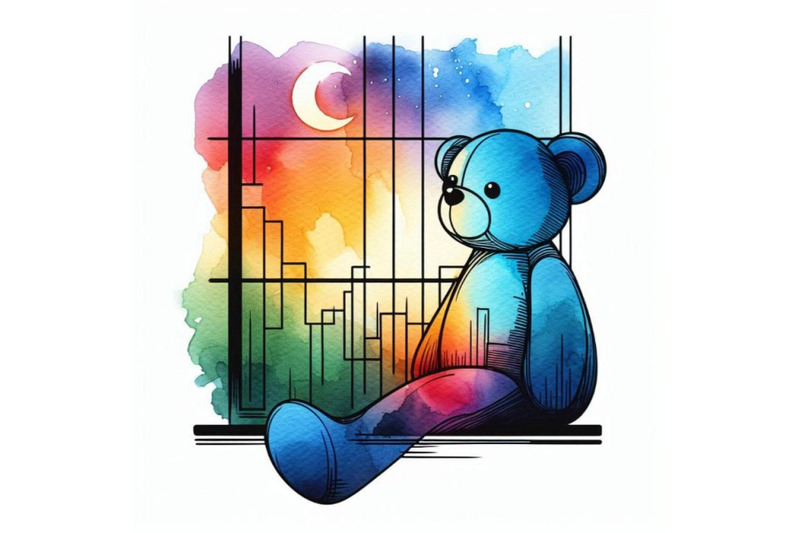 teddy-bear-on-the-window-watercolor-illustration