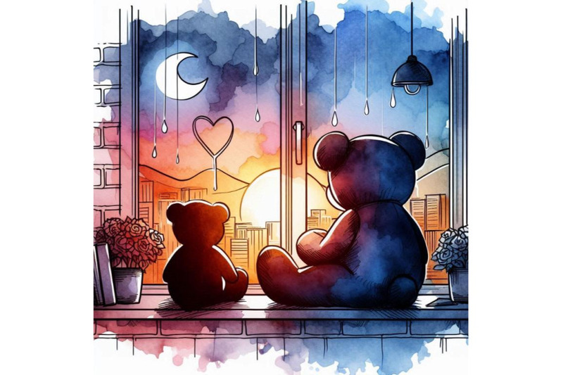 teddy-bear-on-the-window-watercolor-illustration