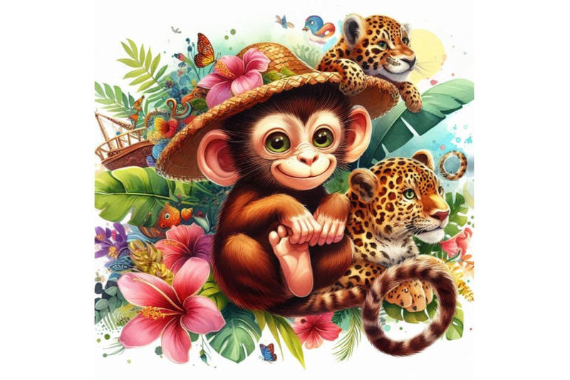 funny-monkey-leopard-watercolor-background