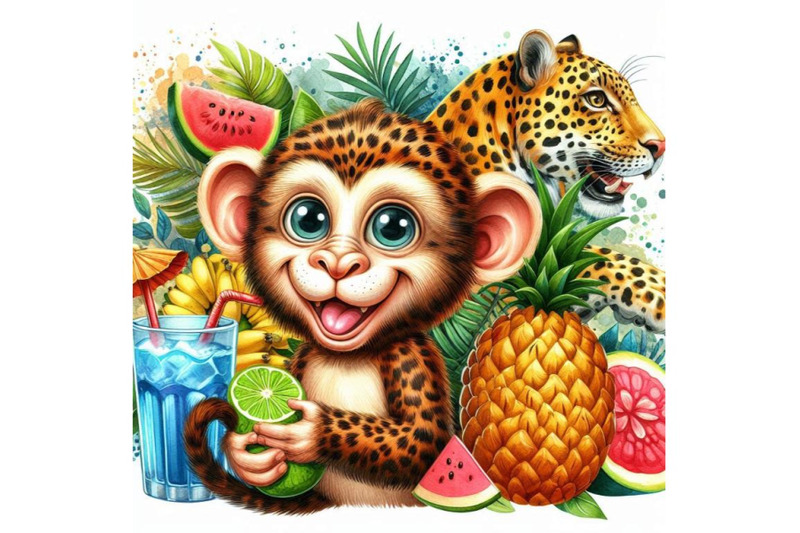 funny-monkey-leopard-watercolor-background