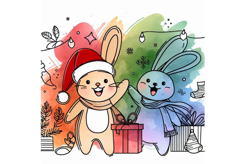 funny-bunny-and-christmas-watercolor-background