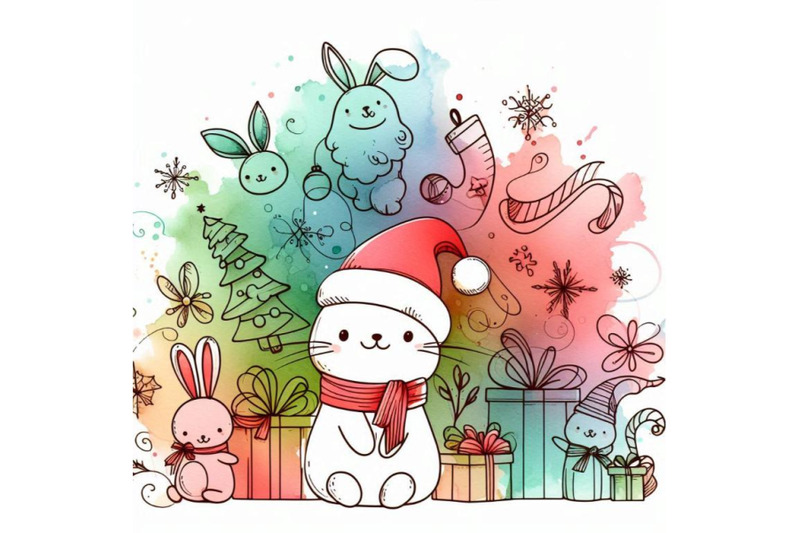 funny-bunny-and-christmas-watercolor-background