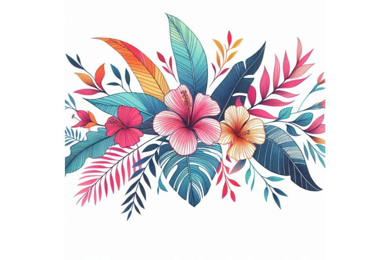 tropical-flowers-leaves-watercolor-illustration