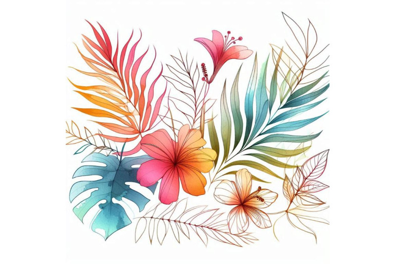 tropical-flowers-leaves-watercolor-illustration