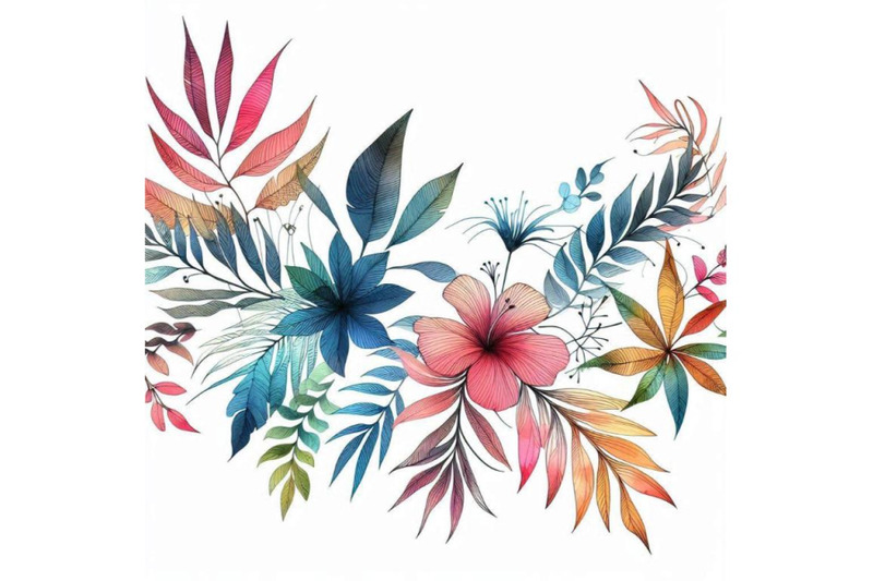 tropical-flowers-leaves-watercolor-illustration