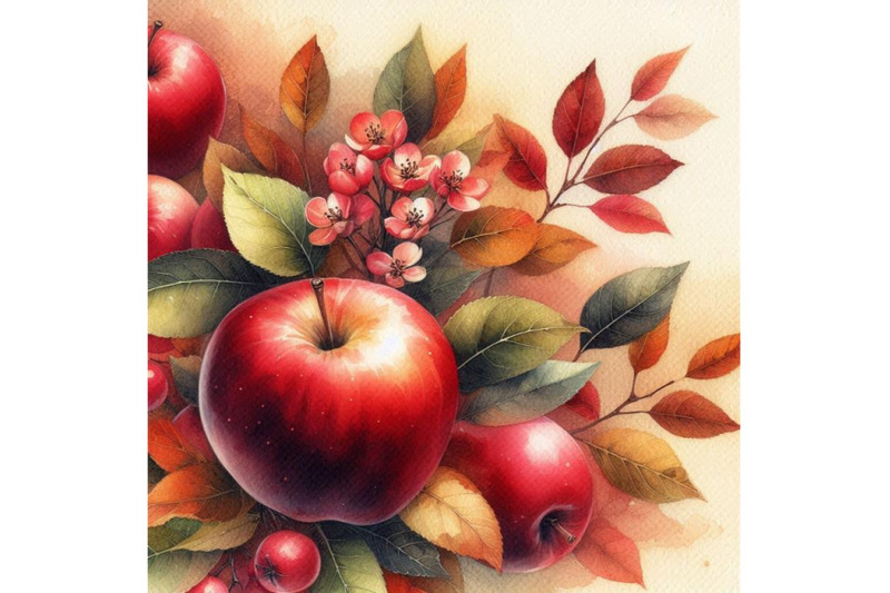 red-apple-and-leaves-watercolor-background