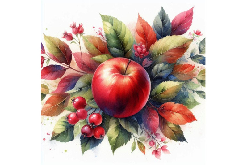 red-apple-and-leaves-watercolor-background