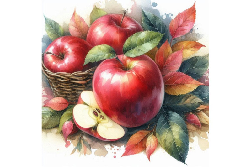 red-apple-and-leaves-watercolor-background